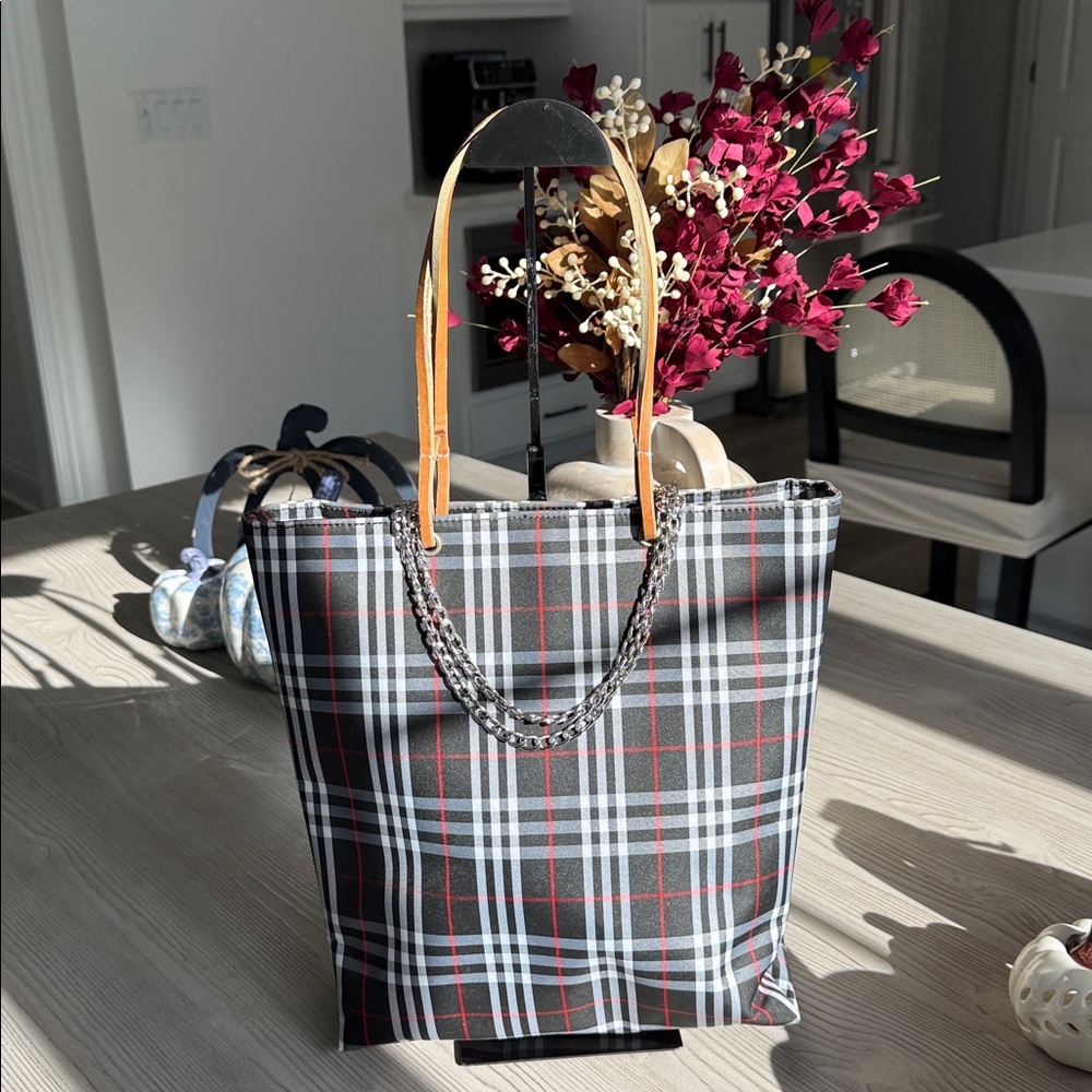 Burberry Black Plaid Tote with Tan Leather Handles